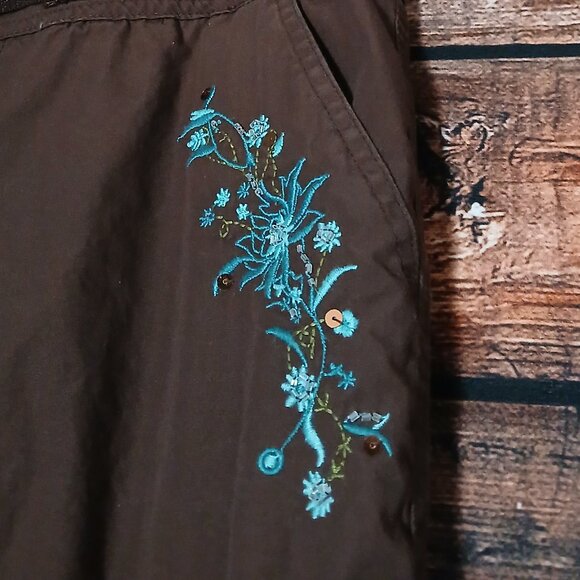 SO Vintage Cargo Pants 11 Brown Baggy Wide Leg Embroidered Beaded Convertible - Picture 7 of 11